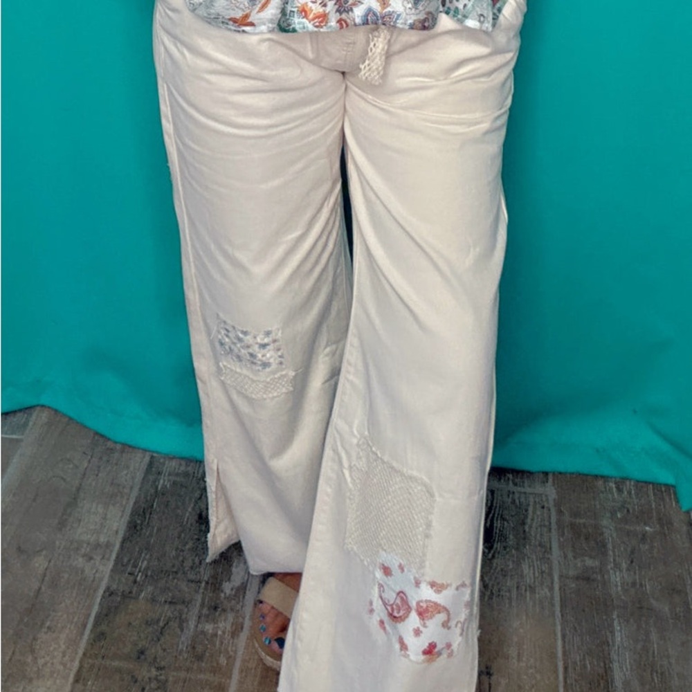 NWT POL Cream Straight Leg Pants with Boho Bohemian Patchwork